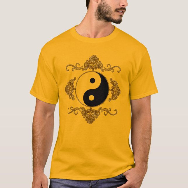 Camiseta Design bonito de Yin Yang no preto e no ouro (Frente)