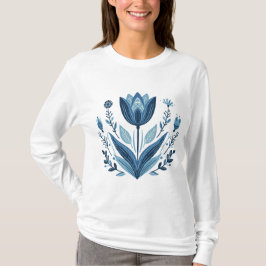 Camiseta Design Botânico Rustic Blue Tulip Flower Folk