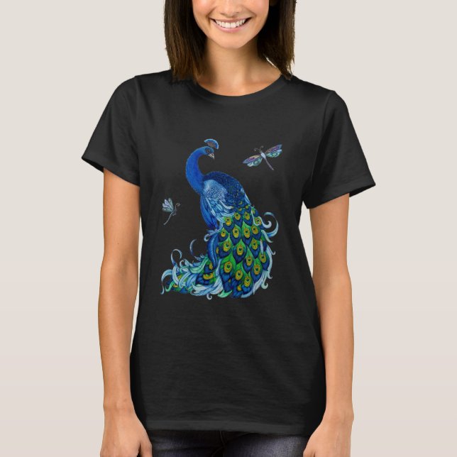 Camiseta Design Clássico de Peacock e Dragonfly (Frente)