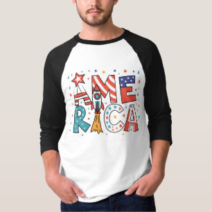 Camiseta Design Colorido com Texto América e Estrelas