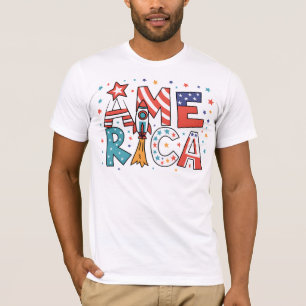 Camiseta Design Colorido com Texto América e Estrelas