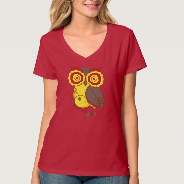 Camiseta Design da coruja com o Brown amarelo vermelho, (Frente)