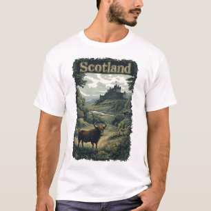 Camiseta Design da Escócia: Highland Cow, Castle e Scenery