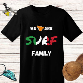 Camiseta design da família surf com a mão shaka e a bandeir