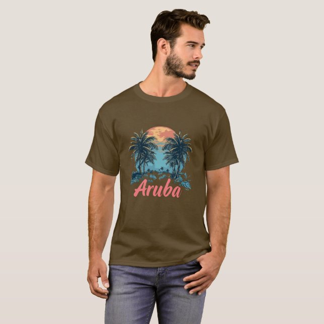 Camiseta Design da Ilha de Aruba (Versão 2) - T-Shi Escuro  (Frente Completa)