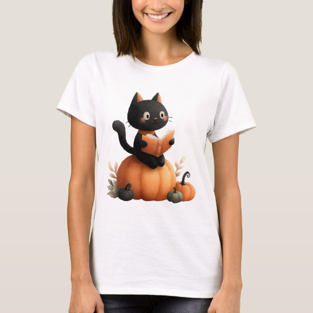 Camiseta Design de Abóbora de Gato Negro Halloween (Frente)