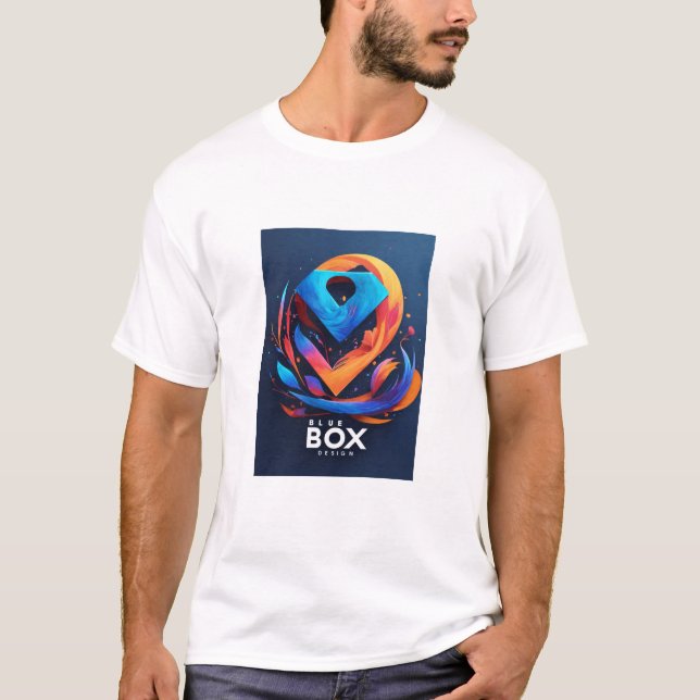 Camiseta design de algodão branco de caixa azul (Frente)