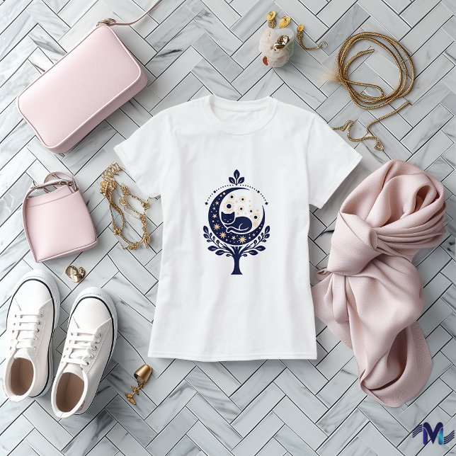 Camiseta Design de Arte Abstrata de Gato e Lua (Criador carregado)