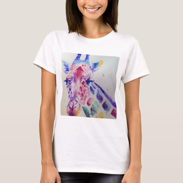 Camiseta Design de Arte Colorida Girafa Animal Watercolor (Frente)