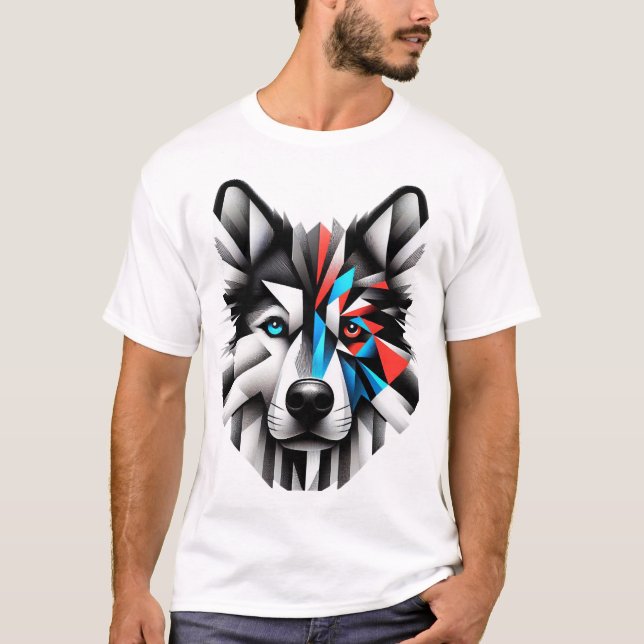 Camiseta Design de Arte Moderna Face de Husky Geométrico (Frente)