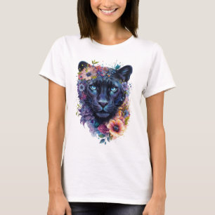 Camiseta Design de Arte Pantera Floral   Pantera Preta Colo