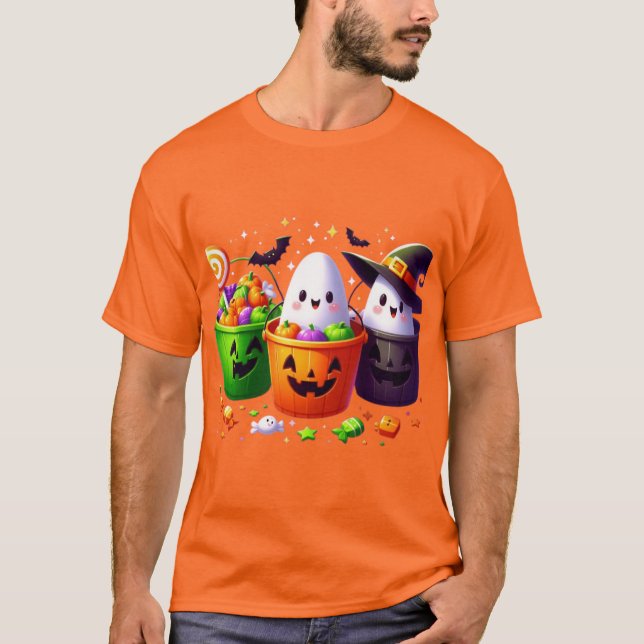 Camiseta Design de Balde de Halloween de de doces de truque (Frente)
