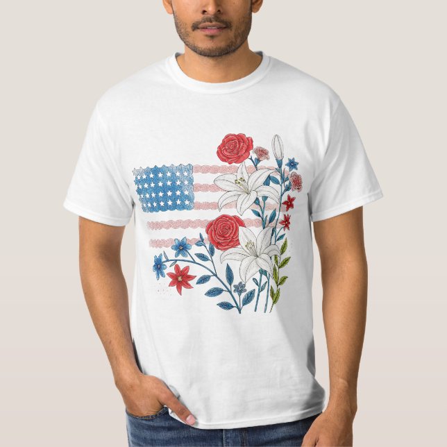 Camiseta Design de Bandeira dos EUA Floral (Frente)