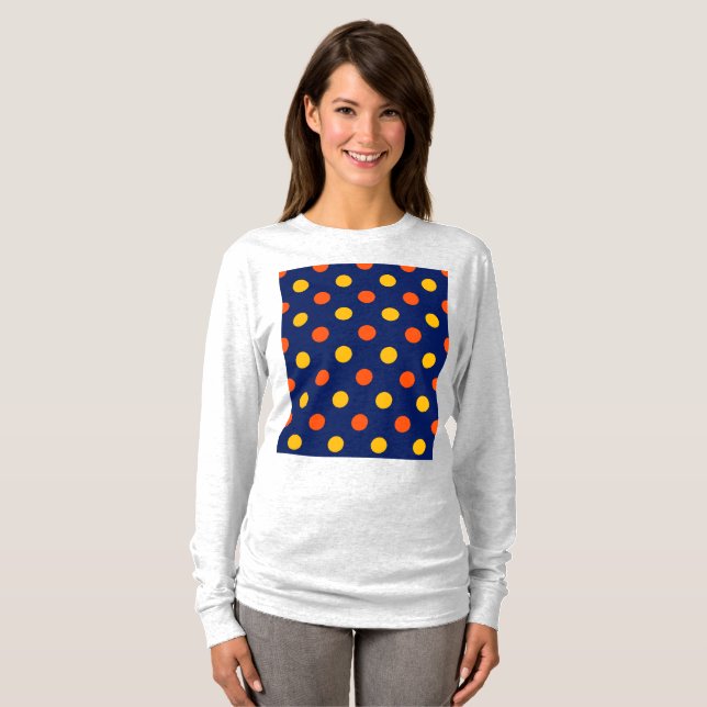 Camiseta Design de Bolinhas Amarelas Laranja em Azul  (Frente Completa)