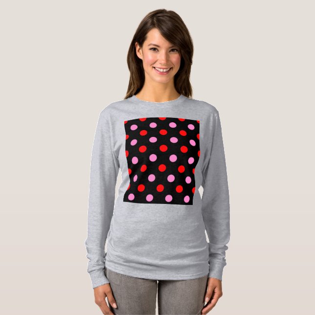 Camiseta Design de bolinhas vermelhas e rosas em preto (Frente Completa)