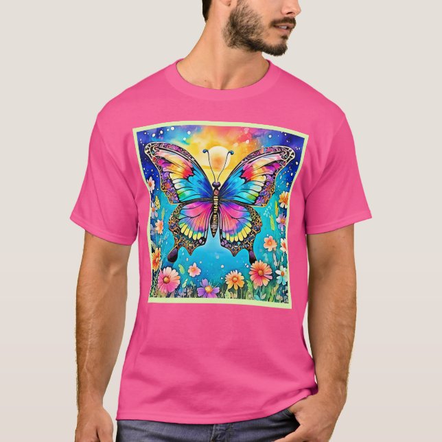 Camiseta Design de Brilho de Borboleta Floral Vibrante (Frente)