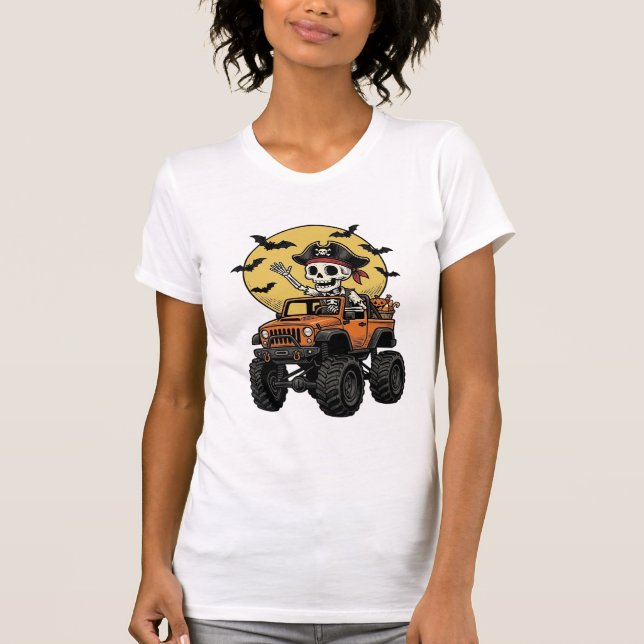 Camiseta Design de caminhão monstro de esqueleto de pirata  (Frente)