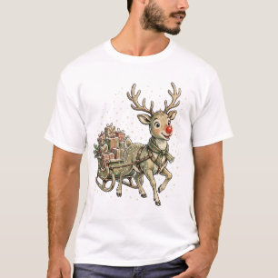 Camiseta Design de cartão de Natal retrô com trenó de rena