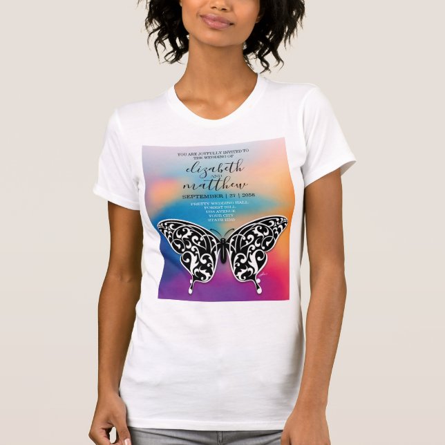 Camiseta Design de convite elegante com borboleta e pôr do  (Frente)