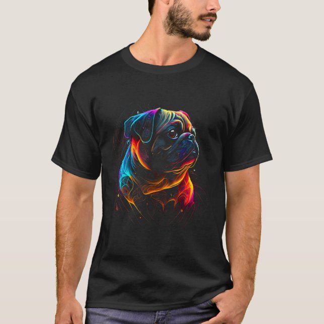Camiseta Design de Cores Arco-íris Retro Pug (Frente)