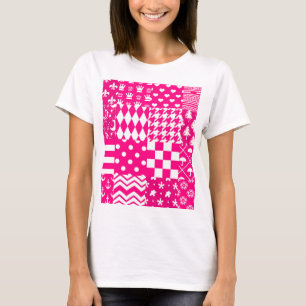 Camiseta Design de Correção de Padrões Mistos Brancos Rosa