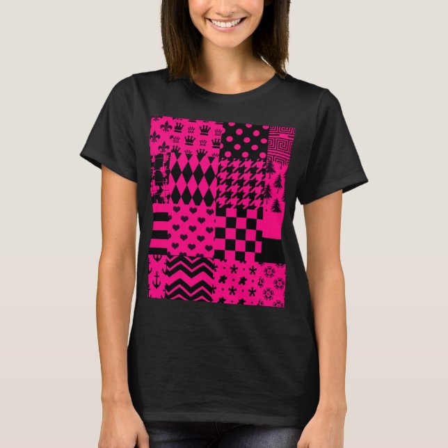 Camiseta Design de Correção de Padrões Mistos Pretos Rosa (Frente)