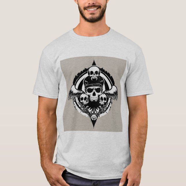 Camiseta Design de crânio com Asas e Símbolos (Frente)