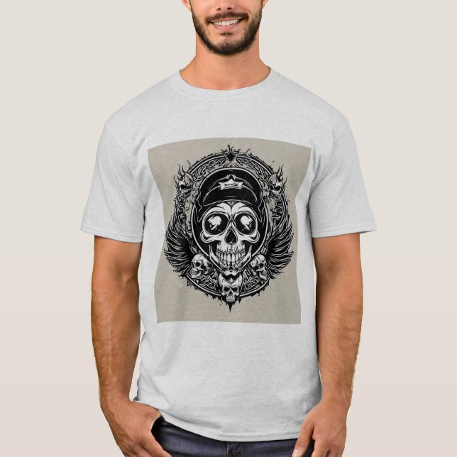 Camiseta Design de crânio com Asas e Símbolos (Frente)