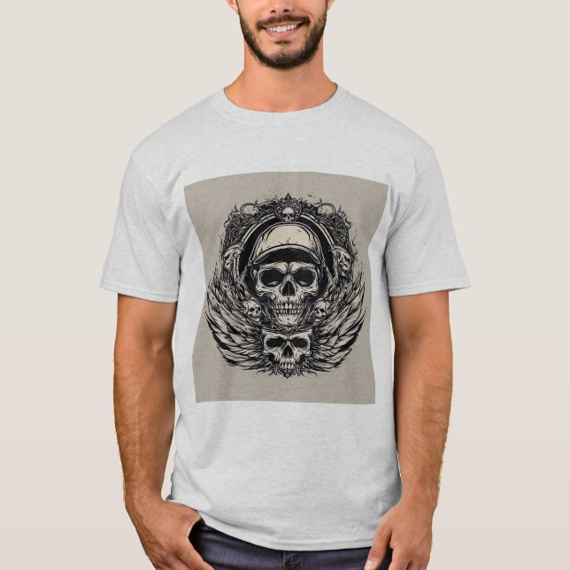 Camiseta Design de crânio com Asas e Símbolos (Frente)