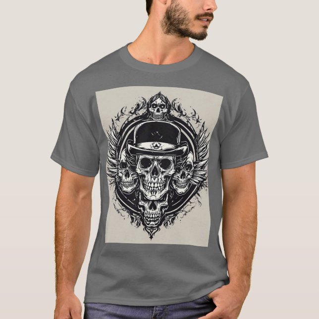 Camiseta Design de crânio intricado com asa e símbolos (Frente)