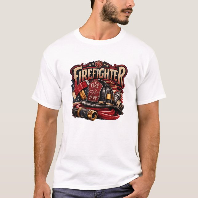 Camiseta Design de Emblema Retro de Bombeiro Antigo (Frente)
