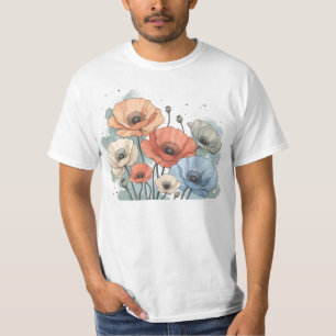 Camiseta Design de Flor Azul e Pêssego Elegante