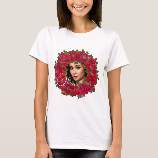 Camiseta Design de Foto de Rosa Vermelha com Texto Personal (Frente)