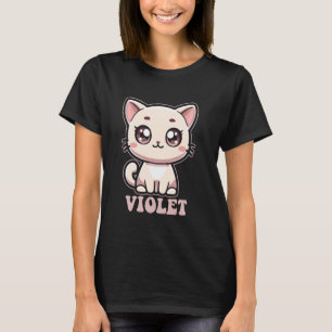 Camiseta Design de Gatinho Fofo Violeta para Meninas Nome V