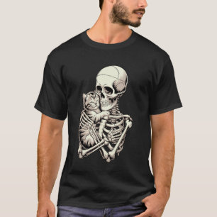 Camiseta Design de Gato Abraçando Esqueleto para Amantes de
