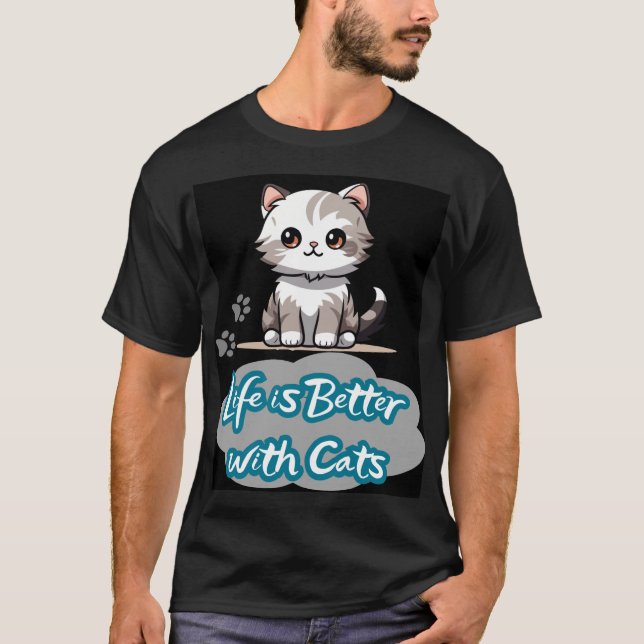 Camiseta Design de Gato Adorável - A vida é melhor com Gato (Frente)