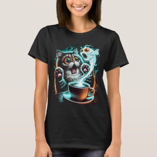 Camiseta Design de Gato Assustado e Peixe Fantasma Hilário