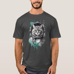 Camiseta Design de Gato Astronauta Verde Preto