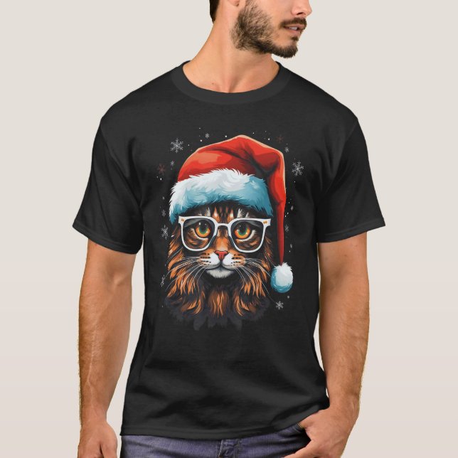 Camiseta Design de Gato de Natal com Chapéu e Óculos de Pap (Frente)