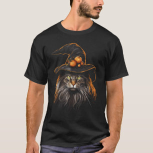 Camiseta Design de Gato Maine Coon com Chapéu de Bruxa de H