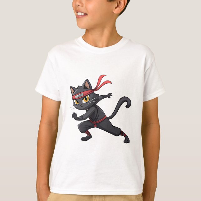 Camiseta Design de Gráfico de Cartoon Ninja Gato Engraçado  (Frente)