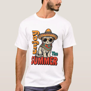 Camiseta Design de Gravura Vintage de Gato de Verão Engraça