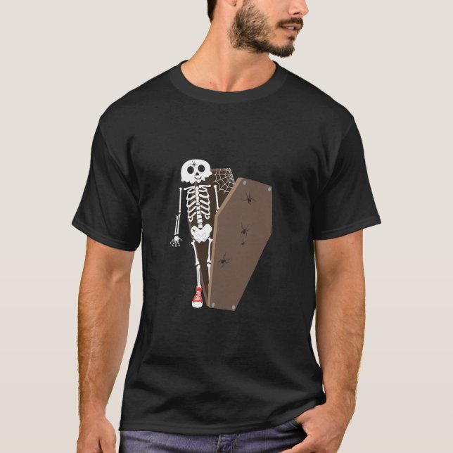 Camiseta Design de Halloween de Skeleton e Coffin (Frente)