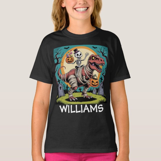 Camiseta Design de Halloween de Skeleton e múmia T-Rex (Frente)