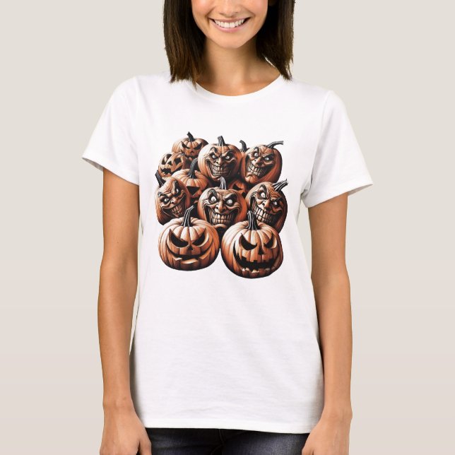 Camiseta Design de Halloween do Assustador Jack-O'-Lanterna (Frente)
