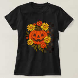 Camiseta Design de Halloween Floral Retro de Abóbora Sorrid
