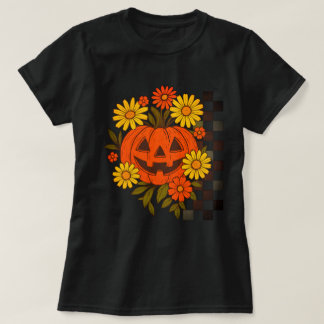 Camiseta Design de Halloween Floral Retro de Abóbora Sorrid
