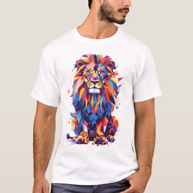 Camiseta Design de leão colorido geométrico (Frente)