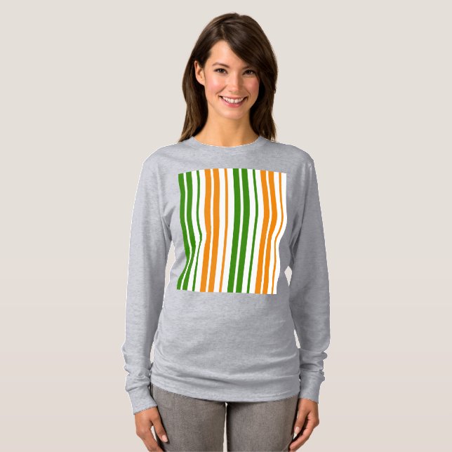 Camiseta Design de Listras Verticais Laranja Branco Verde   (Frente Completa)