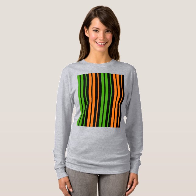 Camiseta Design de Listras Verticais Laranja Verde  (Frente Completa)
